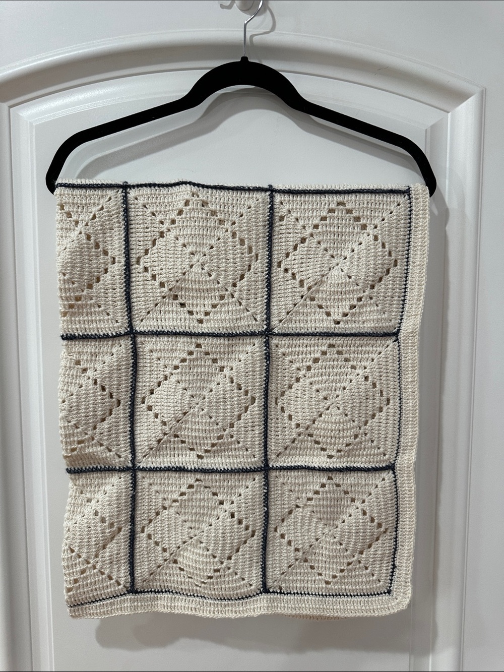 Cream Knit Baby Blanket with Navy Trim